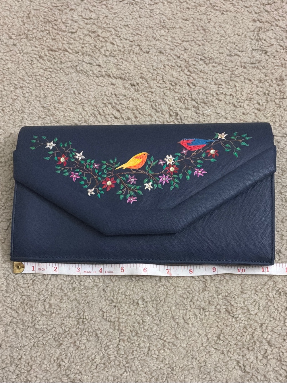 Navy Floral Bird Embroidered Envelope Clutch - Picture 3 of 6